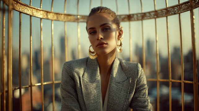 Metaphorical image of a beautiful woman behind gold bars, symbolizing the hidden psychological burden of high social status.