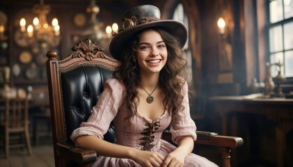 Fototapeta premium A young woman in a vintage dress sits confidently in a chair. The woman in the serene setting smiles, surrounded by elegant decor and warm lighting.