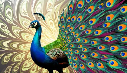 Fototapeta premium The colorful peacock displays its vibrant feathers in an intricate pattern. The peacock's blue and green plumage showcases the beauty of nature.