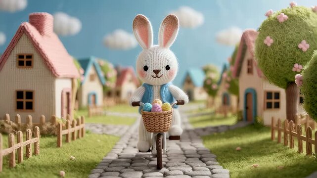 Knitted rabbit riding a bike in cozy village for easter celebration. Toy bunny carrying colorful eggs in basket through countryside road. Handcrafted style art.