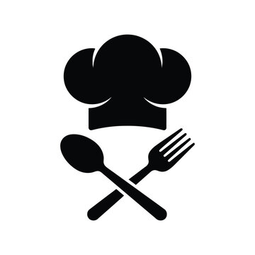 Black silhouette of a chef's hat with crossed spoon and fork crossed utensils