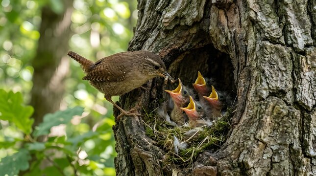 A tender moment of a mother bird feeding her chick inside a cozy tree hole nest, showcasing care, nature, and wildlife intimacy in a serene forest setting.