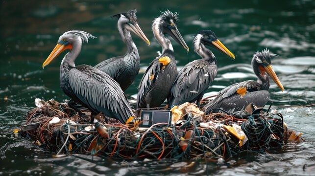 Conceptual image of water birds sitting on a nest made of wires and electronic scrap in polluted ocean water.