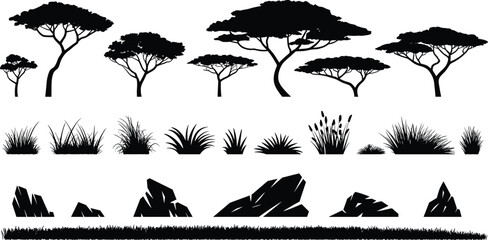 Naklejka premium Savanna landscape silhouette set featuring acacia trees, grass, bushes, rocks and natural elements isolated on white background for African nature and environment design