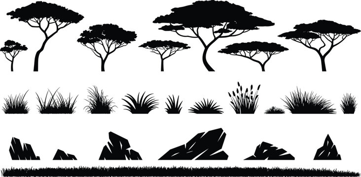 Savanna landscape silhouette set featuring acacia trees, grass, bushes, rocks and natural elements isolated on white background for African nature and environment design