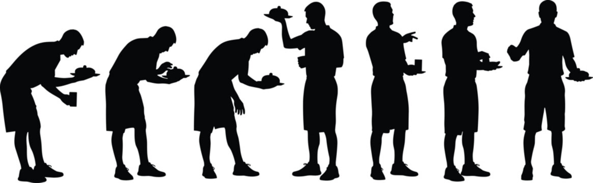 Waiter silhouettes set showing restaurant staff serving food, taking orders and presenting dishes isolated on white background for hospitality and service industry design