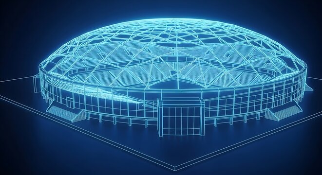 Digital rendering of a large domed stadium with a structural wireframe design in a blue glow