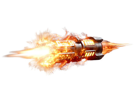 Fiery Propulsion: A futuristic rocket engine blazes with intense flames and billowing smoke, showcasing the raw power and technological advancement of modern propulsion systems.