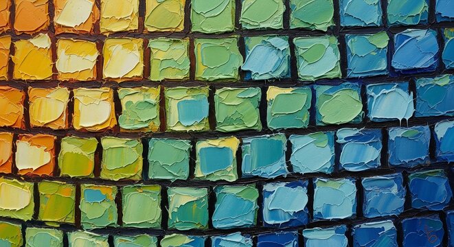 A textured grid of square brushstrokes transitioning from warm orange and yellow to cool teal and deep blue. Each square is a thick dab of paint