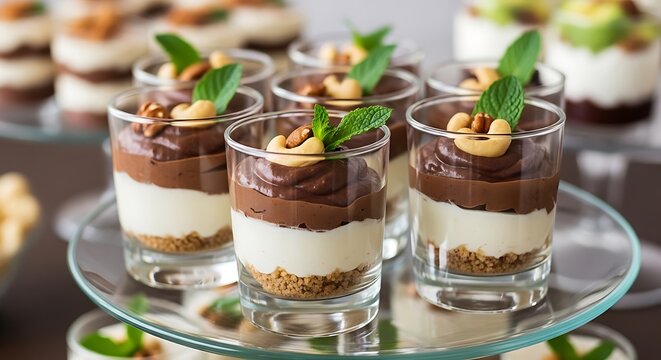 Glass desserts with layers of cream, chocolate, and nuts, garnished with mint, on glass platters