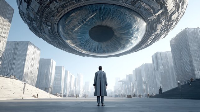 A person in a coat standing before a giant mechanical eye in the sky, symbolizing total state control and surveillance.