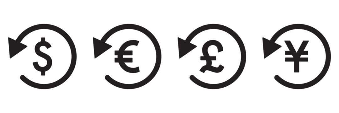 Refund and Cashback Icon Set Vector, Money Return and Chargeback Symbols, Financial Cash Flow and Currency 
Icons Isolated on Transparent Background