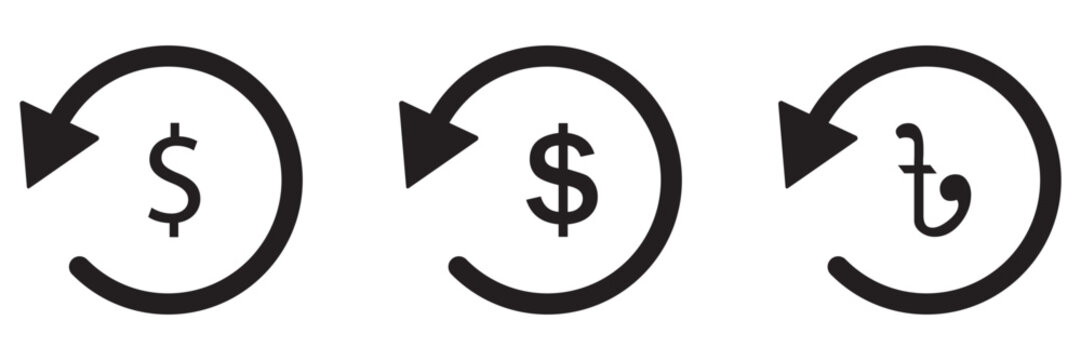 Refund and Cashback Icon Set Vector, Money Return and Chargeback Symbols, Financial Cash Flow and Currency 
Icons Isolated on Transparent Background