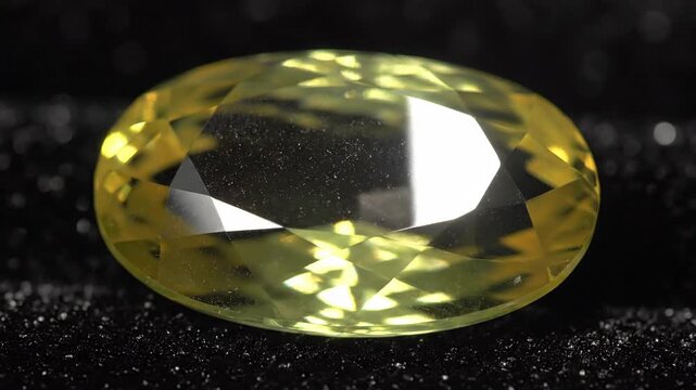 A faceted yellow gemstone reflecting light on a dark background