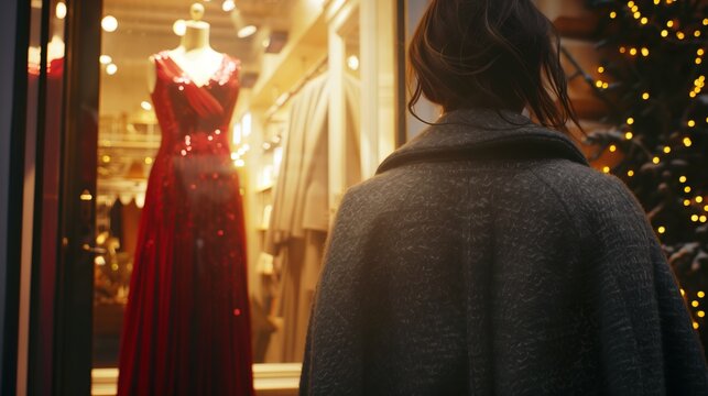 A conceptual image showing a person in simple clothes standing before an expensive fashion display, symbolizing the wealth divide.