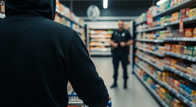 Hooded figure with cart faces security officer in a supermarket aisle filled with products
