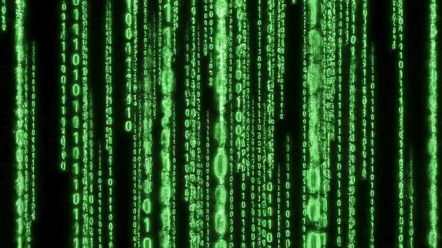 Digital rain of green binary code falling on black background, symbolizing data flow and computer science concepts in abstract visualization