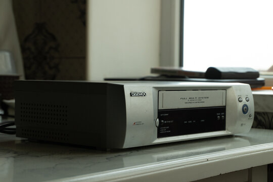 View of Daewoo VHS cassette player on marble surface, captured in Oguz, Azerbaijan, on March 23, 2026.
