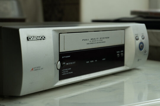 View of Daewoo VHS cassette player on marble surface, captured in Oguz, Azerbaijan, on March 23, 2026.