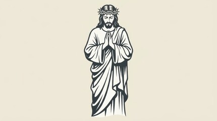 Fototapeta premium Christ in white robe in prayerful pose, monochrome vector illustration
