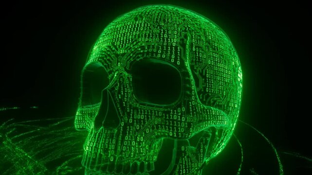 Cybersecurity warfare concept shows digital skull made of glowing green binary code and circuit board patterns on a black background