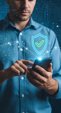 A person interacting with a smartphone featuring a glowing shield symbol, highlighting mobile security and digital data protection.