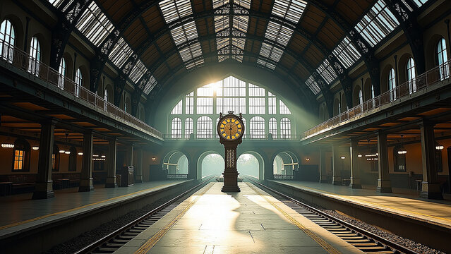 European Train Station Iron Glass Ceiling Morning Light