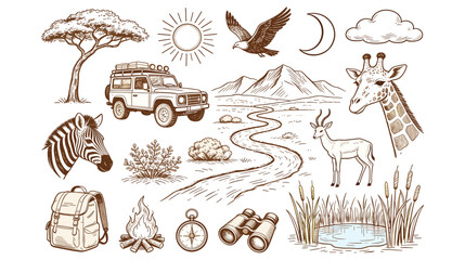 African safari adventure travel icons set with wildlife animals and camping gear. © MDTAZBIRHOSSAIN