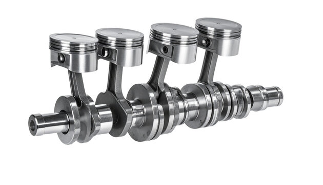 Internal combustion engine crankshaft with four pistons attached to connecting rods, showcasing precision engineering, metal components, the mechanical system, isolated on transparent PNG background.