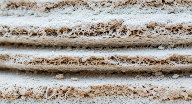 A macro shot focusing on the rough, spongy, and highly porous interior of sedimentary strata, showcasing a beige and tan gritty texture with deep organic pits.