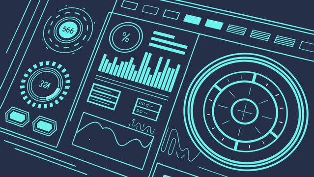 Futuristic digital interface dashboard with data analytics charts and circular radar display, technology line art illustration showing monitoring and system control