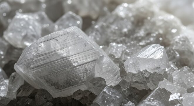 Macro shot of transparent rhombohedral crystals. The focus is on the sharp geometric edges and light reflecting off the glassy surfaces.