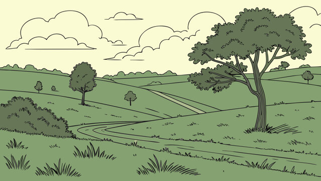 Green landscape, countryside scenery, rolling hills, vector illustration, nature background