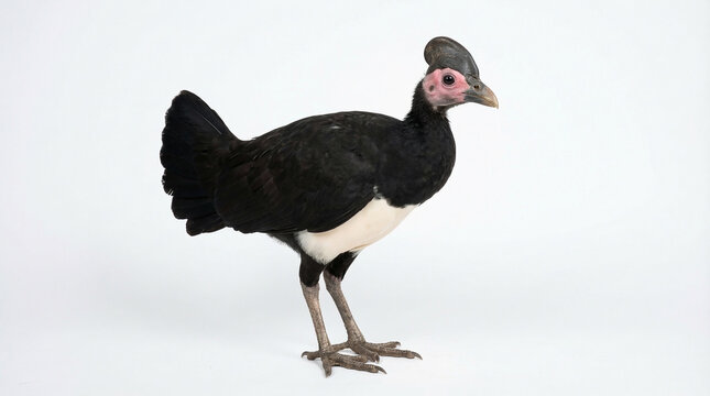 Endemic Maleo bird Macrocephalon maleo with distinctive black plumage and cranial casque walking isolated on white background representing Sulawesi wildlife and conservation