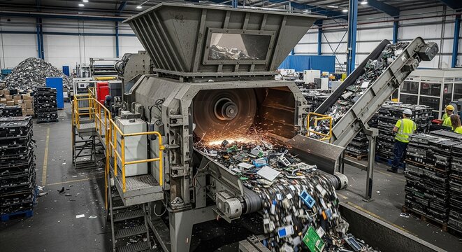 A large-scale industrial shredding machine processes a mountain of mixed waste on a conveyor belt inside a modern recycling plant.