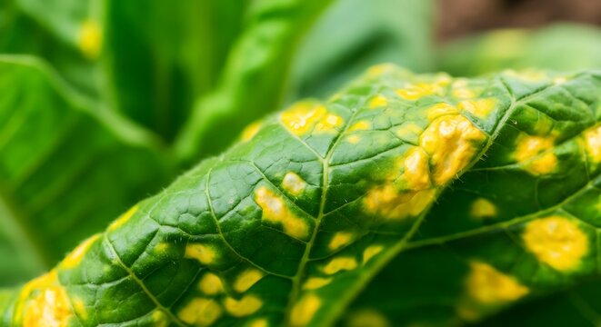 mosaic virus symptoms on tobacco leaves, mottled yellow and green patterns, high detail