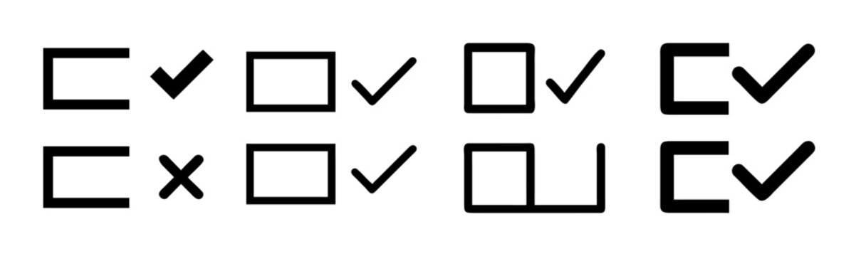 Minimalist checkmark and cross icons in square boxes, black linear checkbox symbols for web interface, simple tick and x mark vector set
