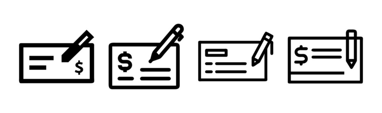 Bank check icon set with pen, financial payment document symbols, 4 vector line icons for banking and money transactions
