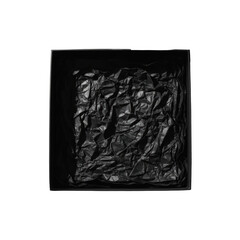 Naklejka premium Square matte black gift box with delicate crumpled tissue paper interior, deep shadows and high contrast, minimalist dark studio setting, luxury unboxing concept