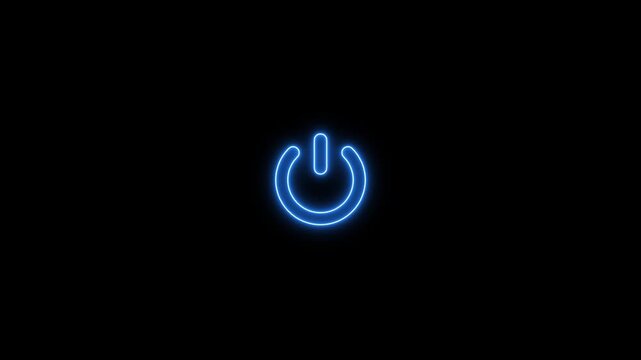 Neon glowing power button icon video animation on black background. Neon light power button turning on and off animation. Animation glowing neon start up , shutdown screen turn on off button.
