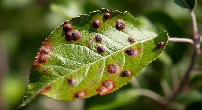 diseased apple leaf showing apple scab symptoms, dark spots and texture