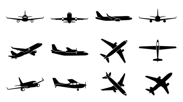 Collection of airplane silhouettes flying.