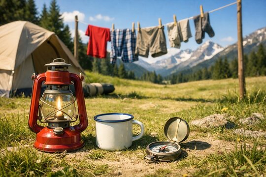 Mountain camping scene with lantern mug compass and tent in alpine meadow with laundry on line