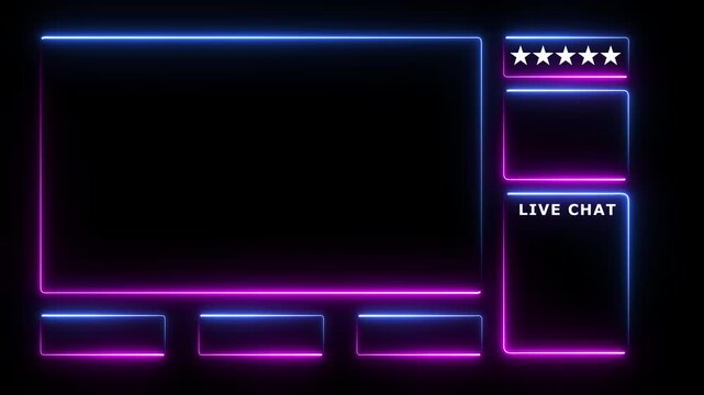 Intermission Stream Overlay Animated, Neon Sign looping facecam and chat for live streaming. Blue and pink color on black background. 4k video.