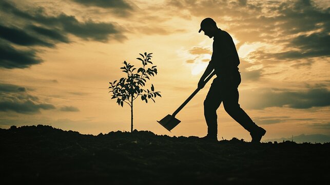 Man planting tree sunset field reforestation agriculture
