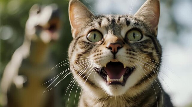 Close-up of a snarling tabby cat showing sharp teeth