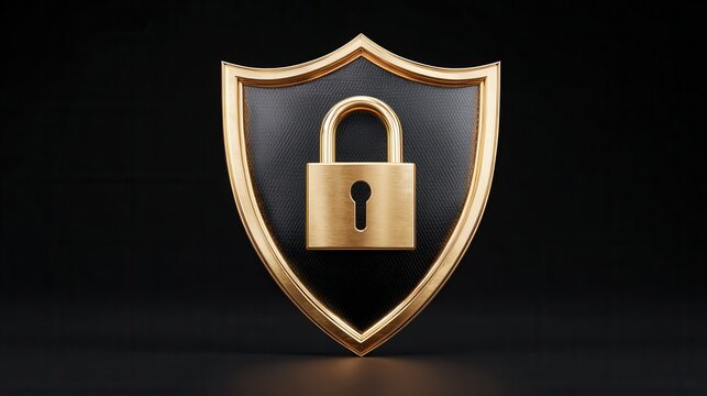 Gold padlock on shield symbol isolated on dark background security protection privacy concept
