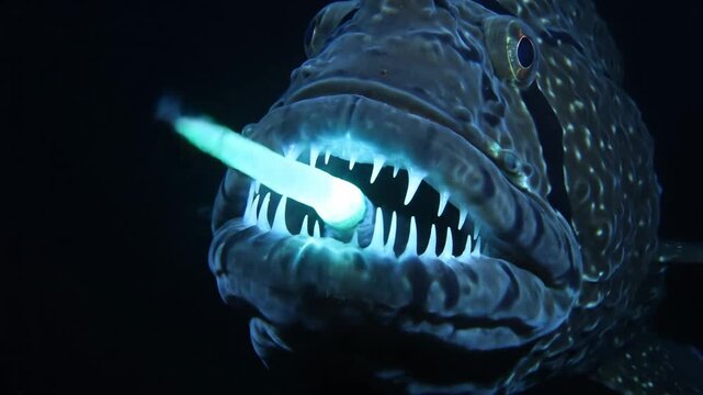 A fierce deep sea fish displaying bioluminescent teeth in dark water
