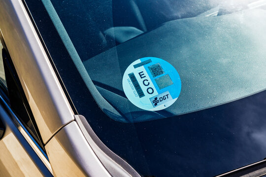 Barcelona, Spain - April 8, 2026: DGT Eco Car Sticker