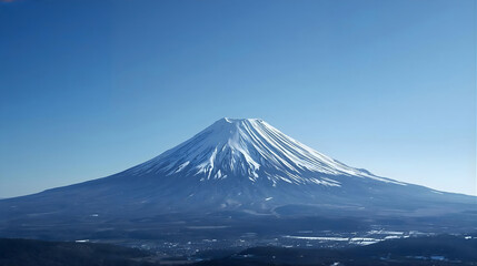 Fototapeta premium Mount Fuji with clear blue sky, iconic Japan landmark landscape, minimal and peaceful nature scene, beautiful mountain view with snow peak, perfect for travel background, nature design and scenic wall